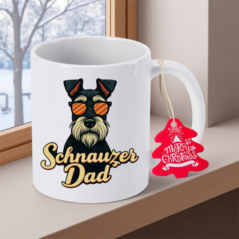 Tailorly White Ceramic 11 oz Mug - Schnauzer Dad Stylish Black Dog Wearing Orange Sunglasses Resting On Clean Ceramic Surface Schnauzer