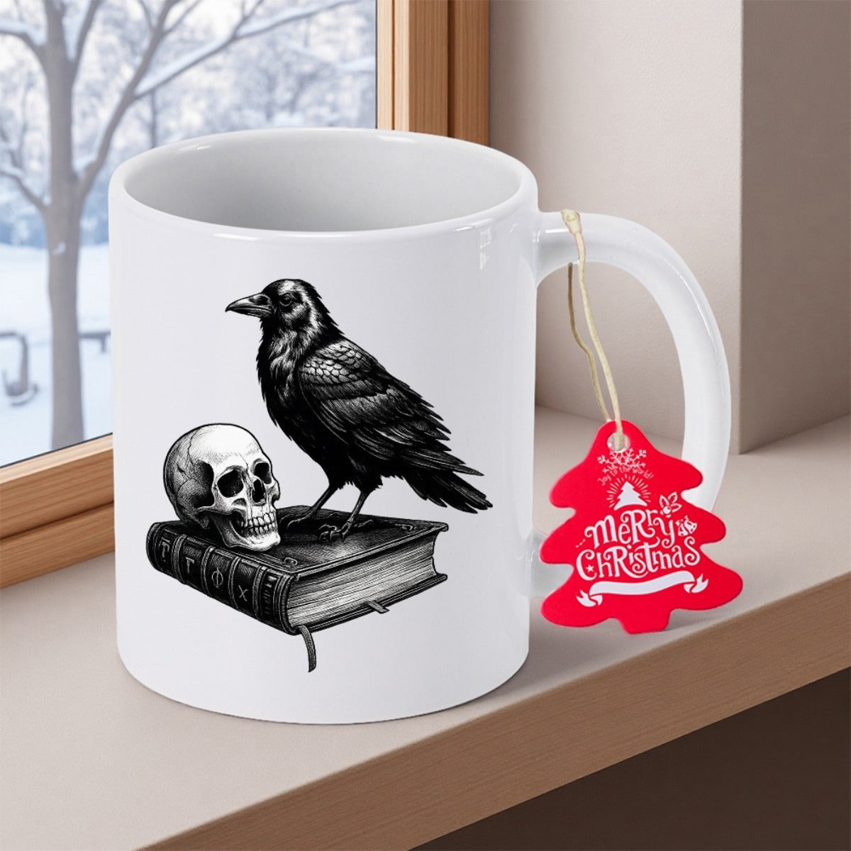 Tailorly White Ceramic 11 oz Mug - Merry Christmas Dark Gothic Bird Resting On Weathered Book Beside Human Skull Crow