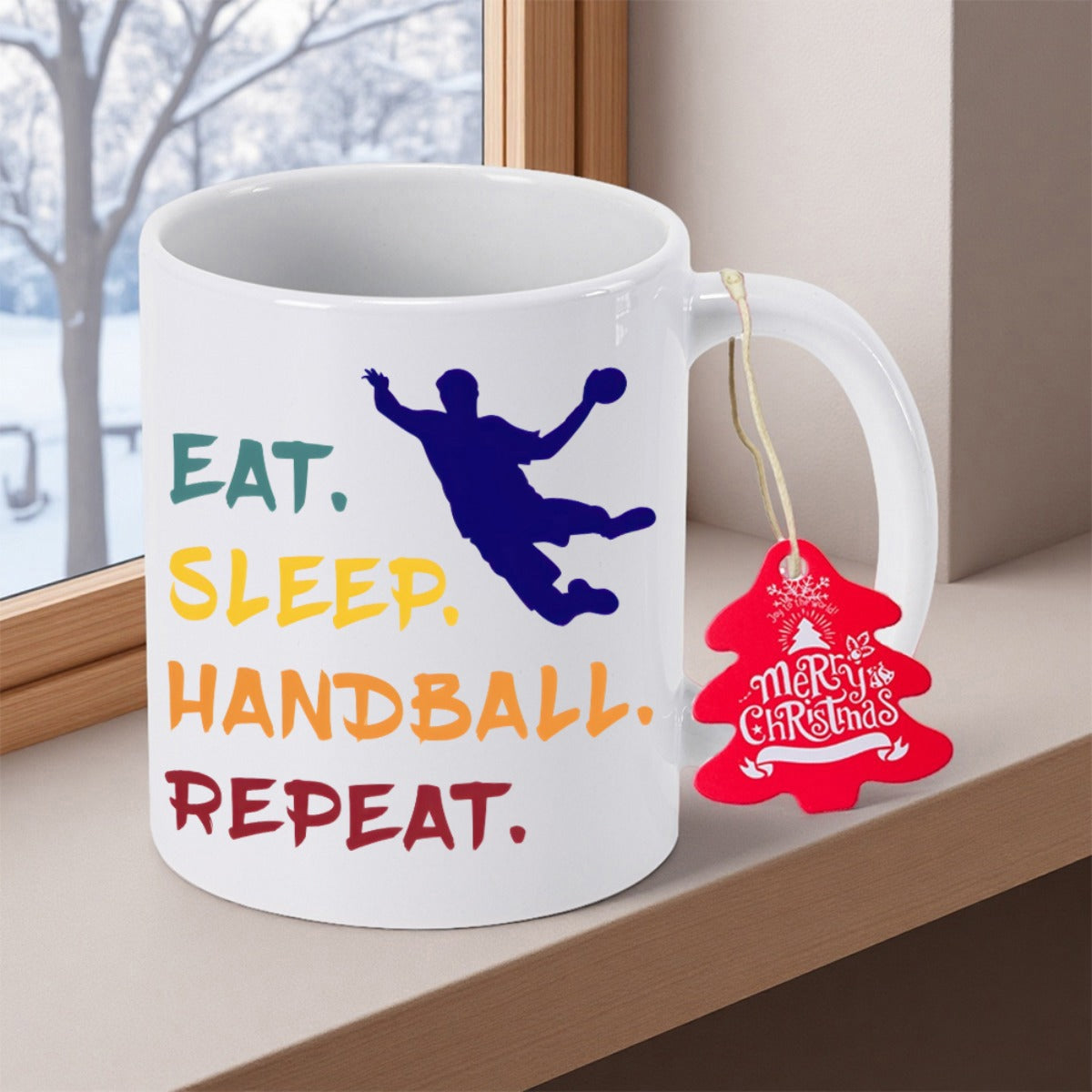 Tailorly White Ceramic 11 oz Mug - Eat Sleep Handball Repeat Merry Christmas Dynamic Athletic Silhouette Jumping In Mid Air To Throw Ball Handball