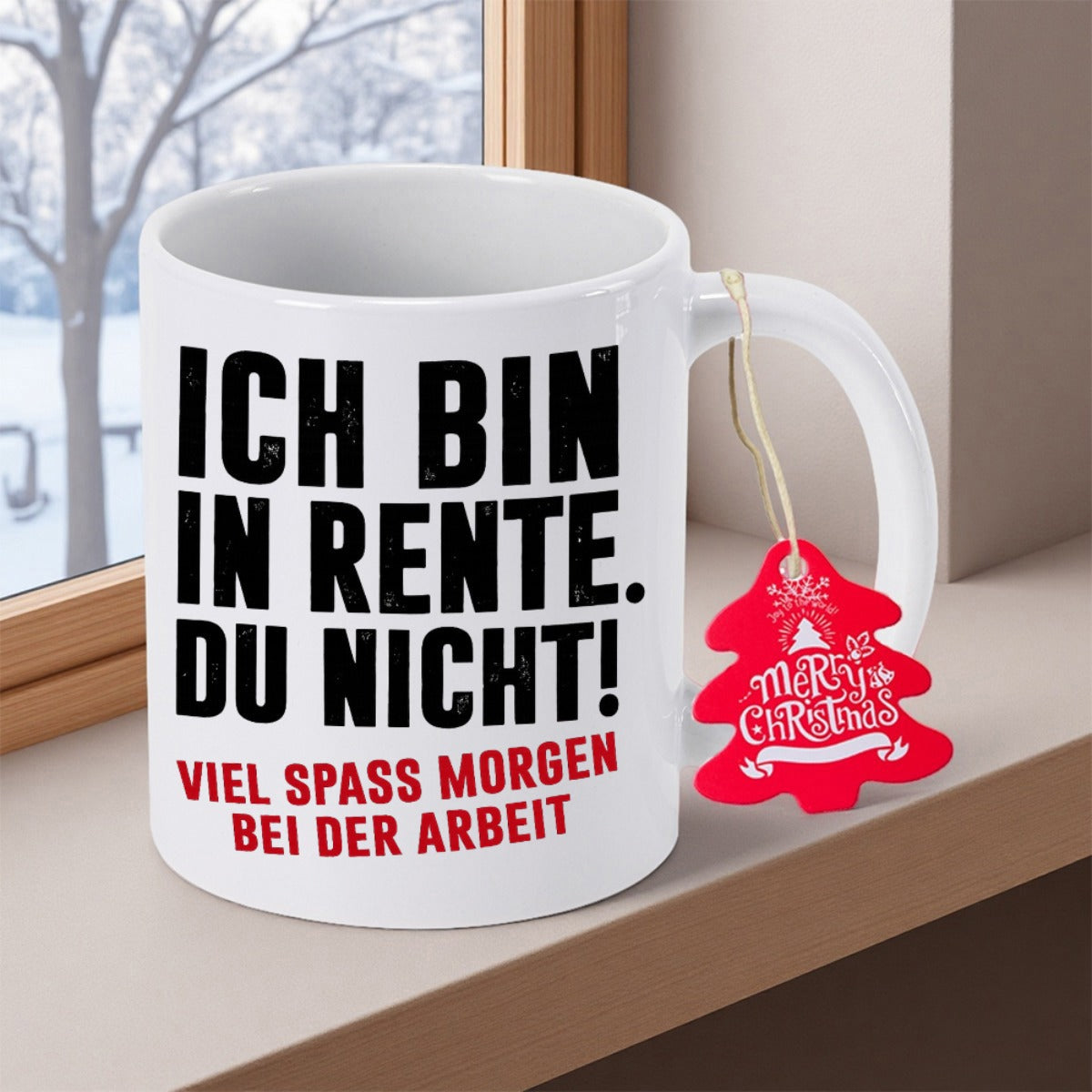 Tailorly White Ceramic 11 oz Mug - Merry Christmas Minimalist With Bold Black Lettering And Red Decorative Tag Mug