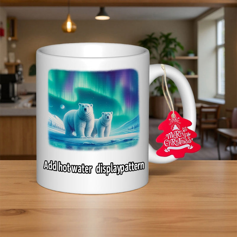 Tailorly White Ceramic 11 oz Mug - Add Hotwater Displaypattern Merry Christmas Majestic Polar Bears Standing On Ice Beneath A Glowing Aurora Sky Bear