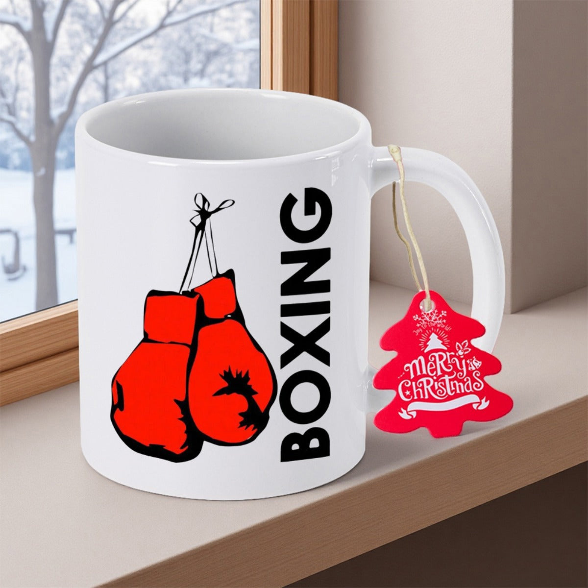 Tailorly White Ceramic 11 oz Mug - Boxing Merry Christmas Pair Of Red Athletic Gear Hanging In A Training Style Boxing Gloves