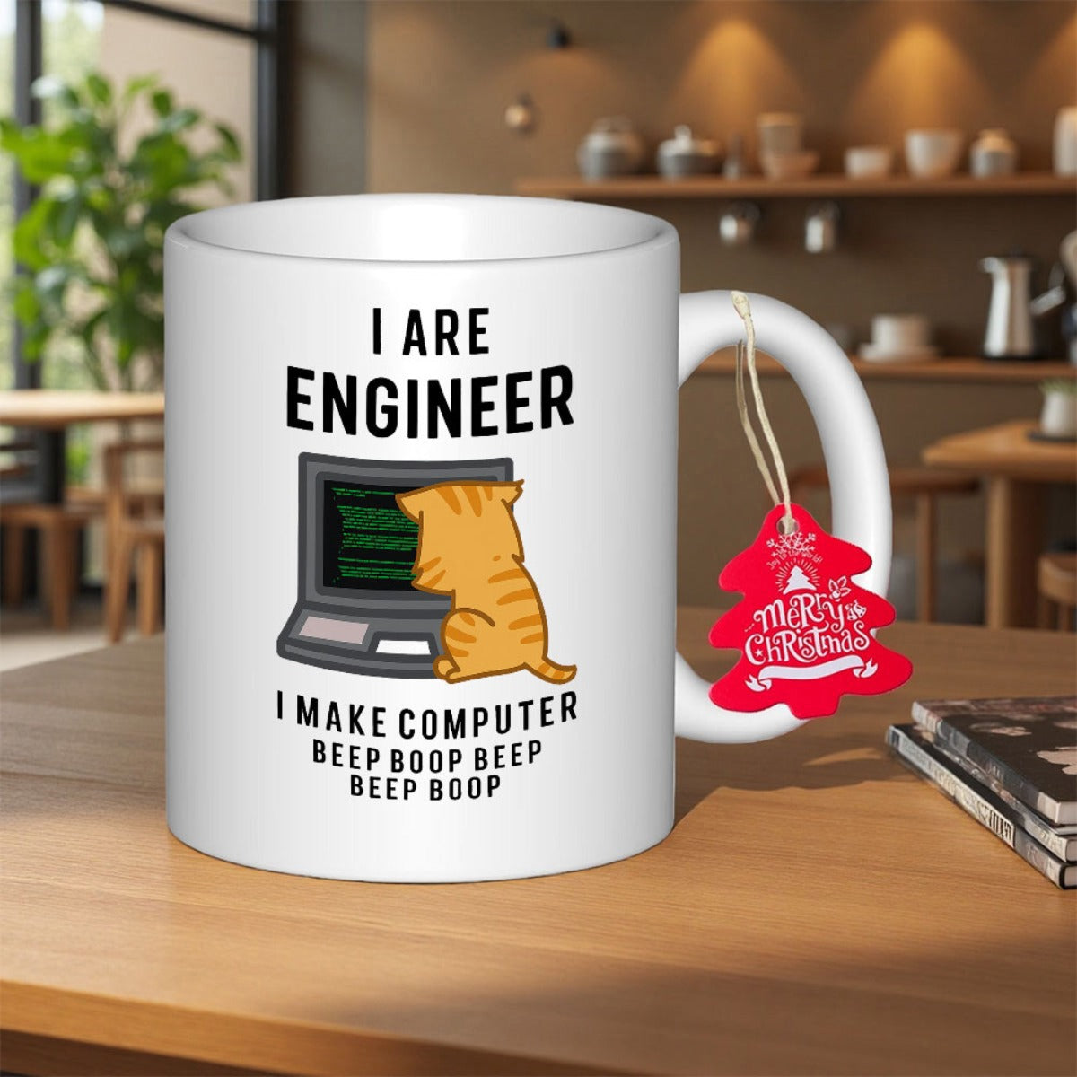 Tailorly White Ceramic 11 oz Mug - I Are Engineer I Make Computer Beep Boop Beep Beep Boop Cute Orange Tabby Sitting In Front Of Retro Style Computer Monitor Cat