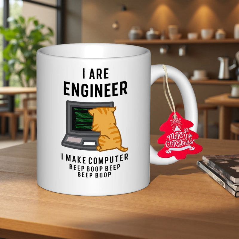 Tailorly White Ceramic 11 oz Mug - I Are Engineer I Make Computer Beep Boop Beep Beep Boop Cute Orange Tabby Sitting In Front Of Retro Style Computer Monitor Cat