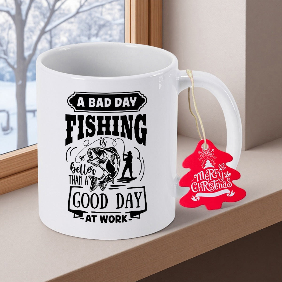 Tailorly White Ceramic 11 oz Mug - A Bad Day Fishing Is Better Than A Good Day At Work Vintage Style Illustration Featuring A Jumping Bass And Fisherman Silhouette