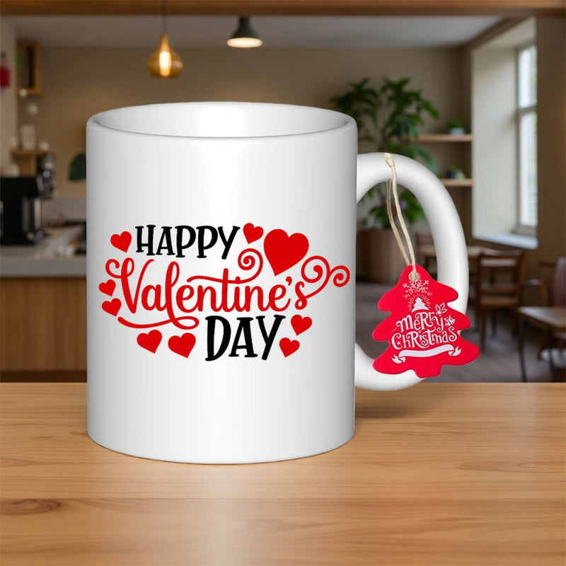 Tailorly White Ceramic 11 oz Mug - Happy Valentines Day Elegant Script Text Surrounded By Red Hearts And Delicate Artistic Swirls Mug