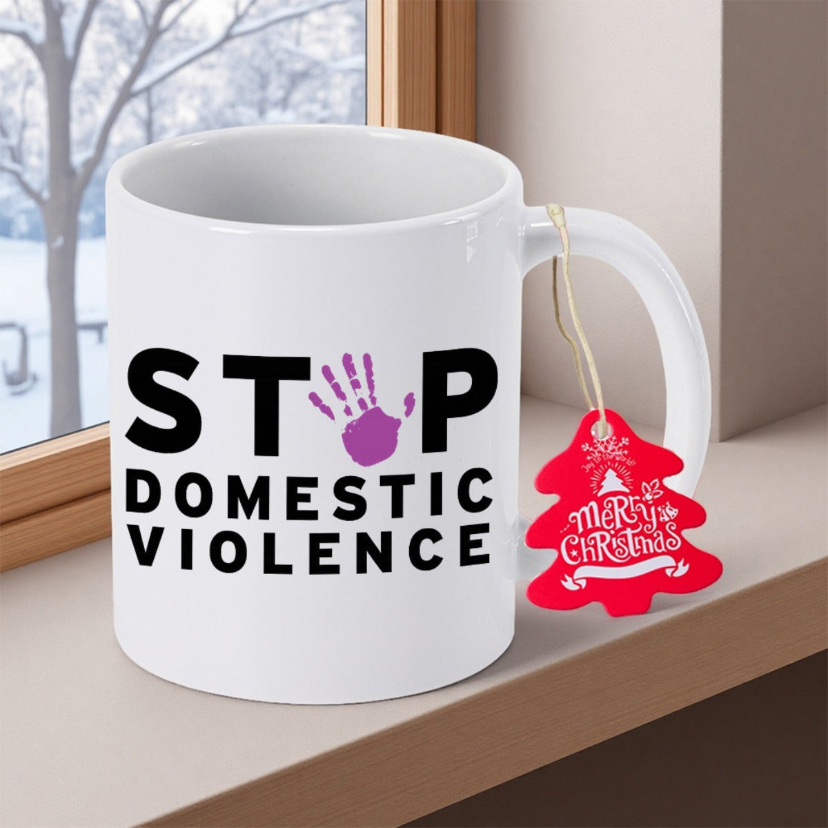 Tailorly White Ceramic 11 oz Mug - Stop Domestic Violence Merry Christmas Bold Purple Silhouette Representing Social Awareness And Strong Community Support