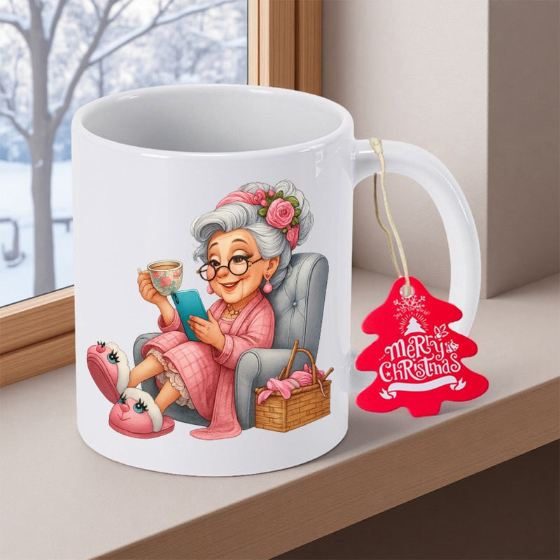 Tailorly White Ceramic 11 oz Mug - Merry Christmas Cozy Elderly Lady In Pink Robe Reading Book And Drinking Coffee Grandma