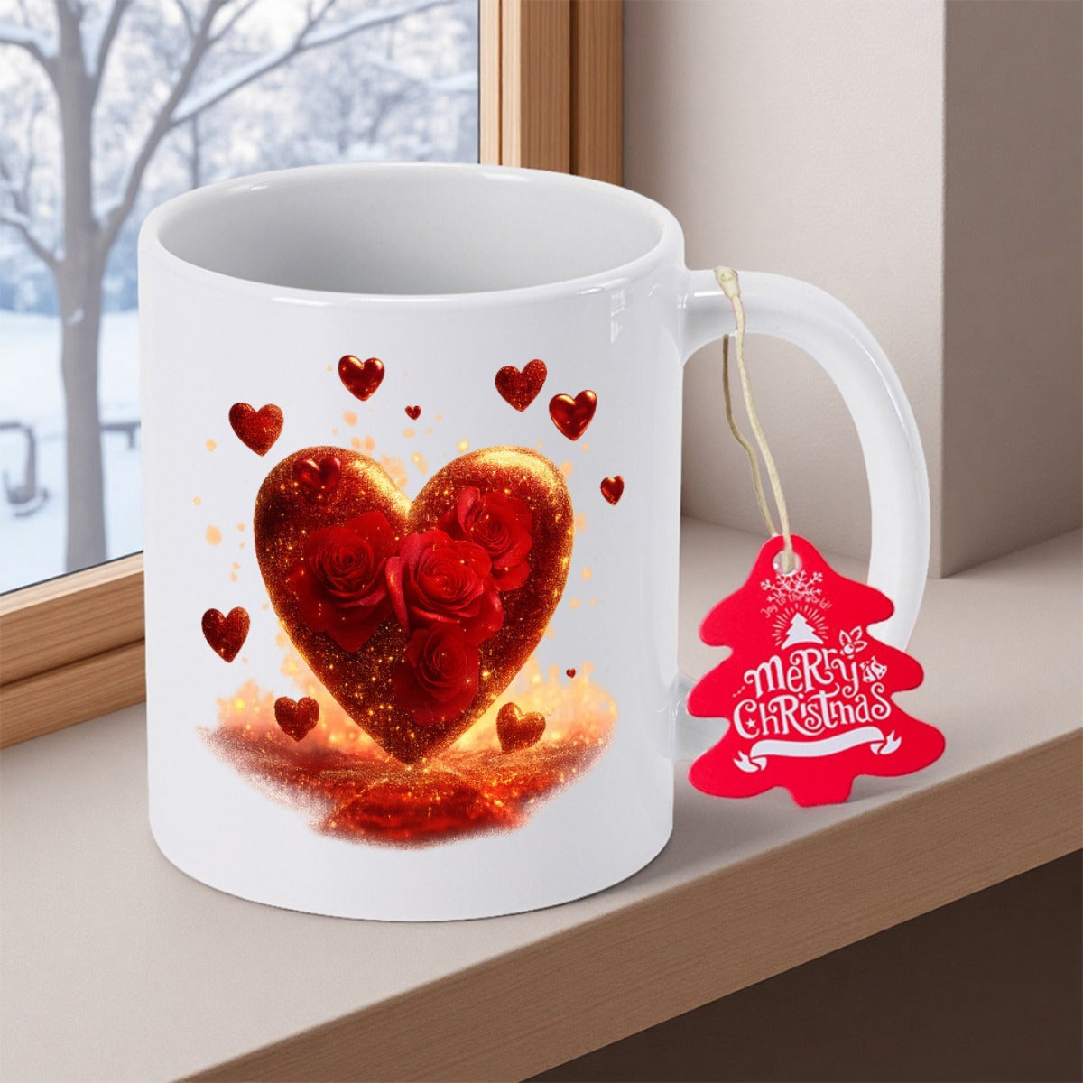Tailorly White Ceramic 11 oz Mug - Merry Christmas Glistening Golden Texture Filled With Deep Red Blooming Roses Heart