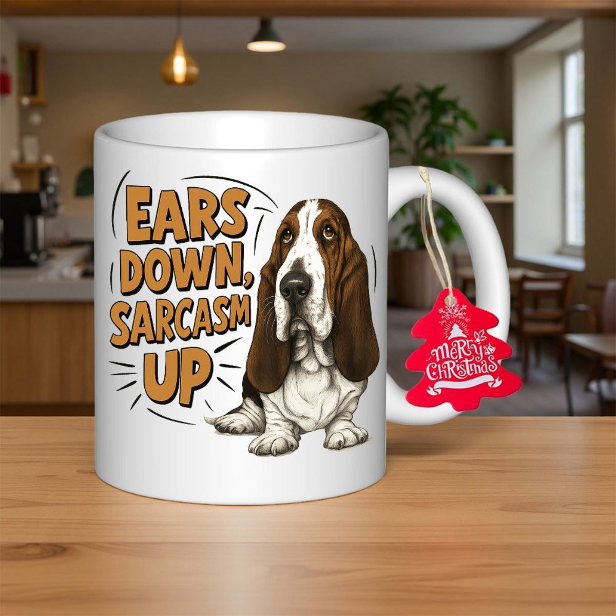 Tailorly White Ceramic 11 oz Mug - Ears Down Sarcasm Up Adorable Droopy Eared Basset Hound Dog Sitting Patiently On Plain White Surface Dog