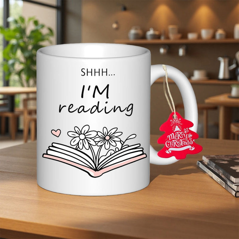Tailorly White Ceramic 11 oz Mug - Shhh Im Reading Merry Christmas Minimalist Open Book Featuring Delicate Flowers And A Tiny Heart Book