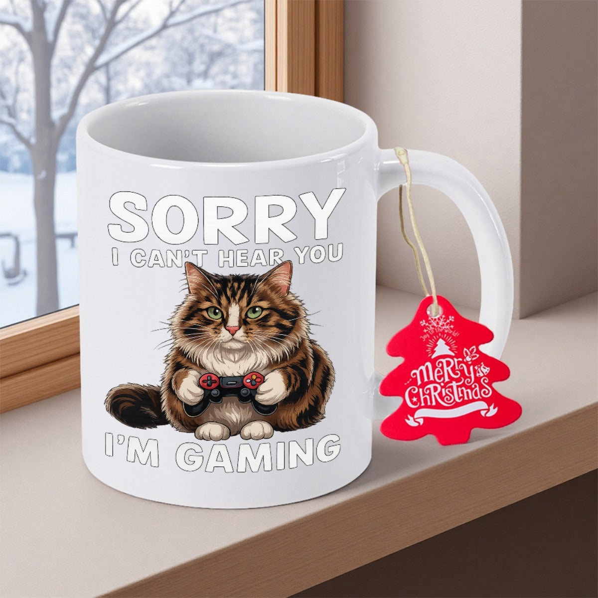 Tailorly White Ceramic 11 oz Mug - Sorry I Can't Hear You I'm Gaming Fluffy Brown Tabby Cat Holding A Black Gaming Controller Cat