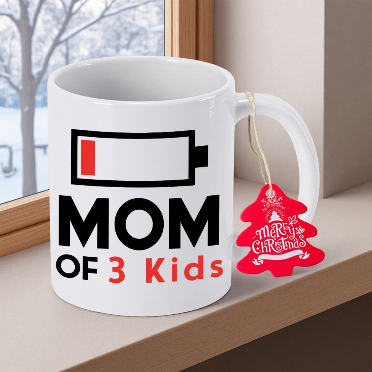 Tailorly White Ceramic 11 oz Mug - Mom Of 3 Kids Minimalist Battery Icon Showing Low Energy Level On White Surface Mug