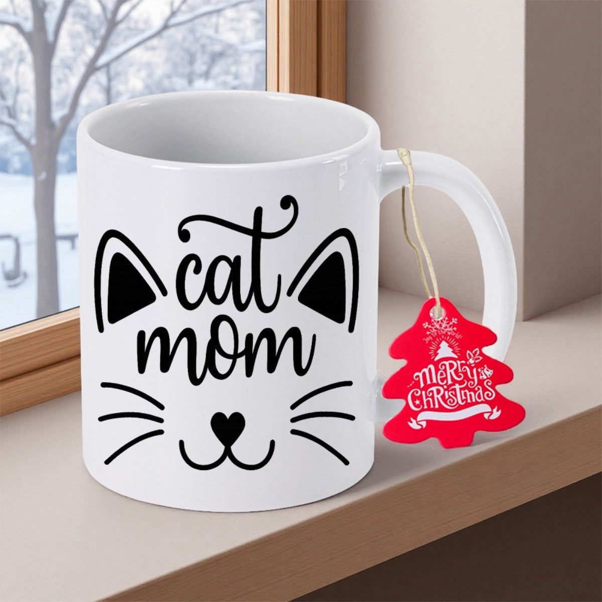 Tailorly White Ceramic 11 oz Mug - Cat Mom Stylized Cat Face With Pointed Ears Whiskers And Heart Shaped Nose Cat