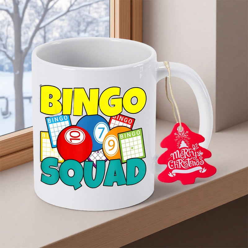Tailorly White Ceramic 11 oz Mug - Bingo Squad Colorful Game Balls Surrounded By Various Traditional Gaming Cards Mug