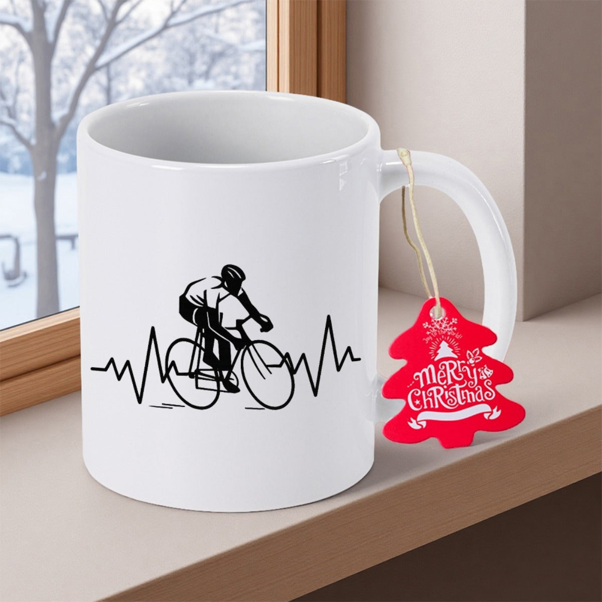 Tailorly White Ceramic 11 oz Mug - Merry Christmas Minimalist Heartbeat Line With Athlete Riding Racing Bike Through Pulsating Rhythm Cyclist