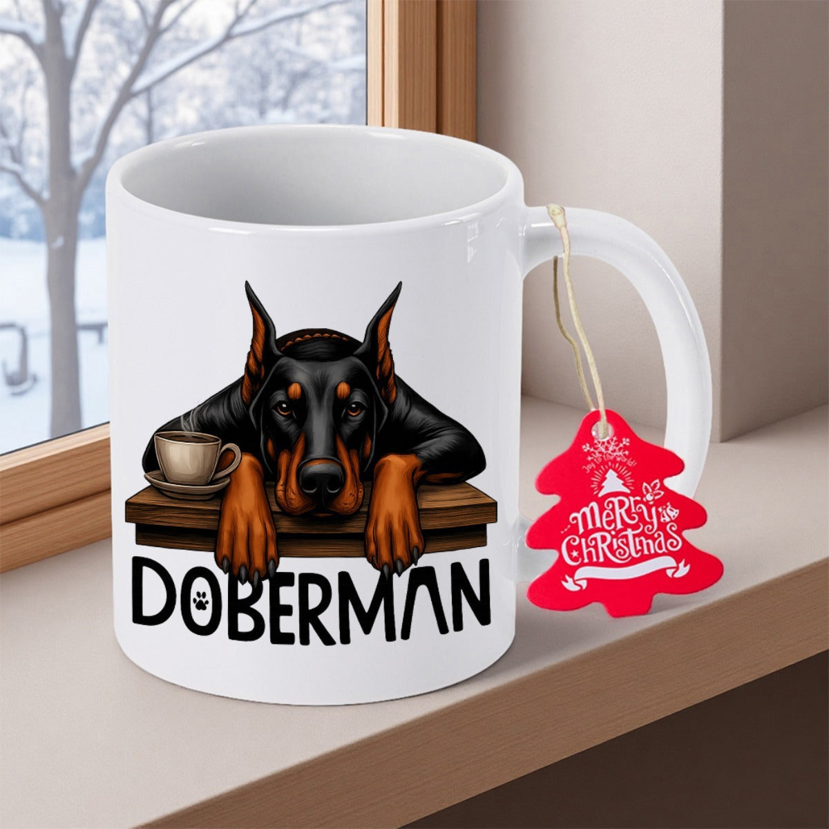 Tailorly White Ceramic 11 oz Mug - Doberman Merry Christmas Loyal Black Guard Dog Resting On Wooden Table Near Coffee Doberman