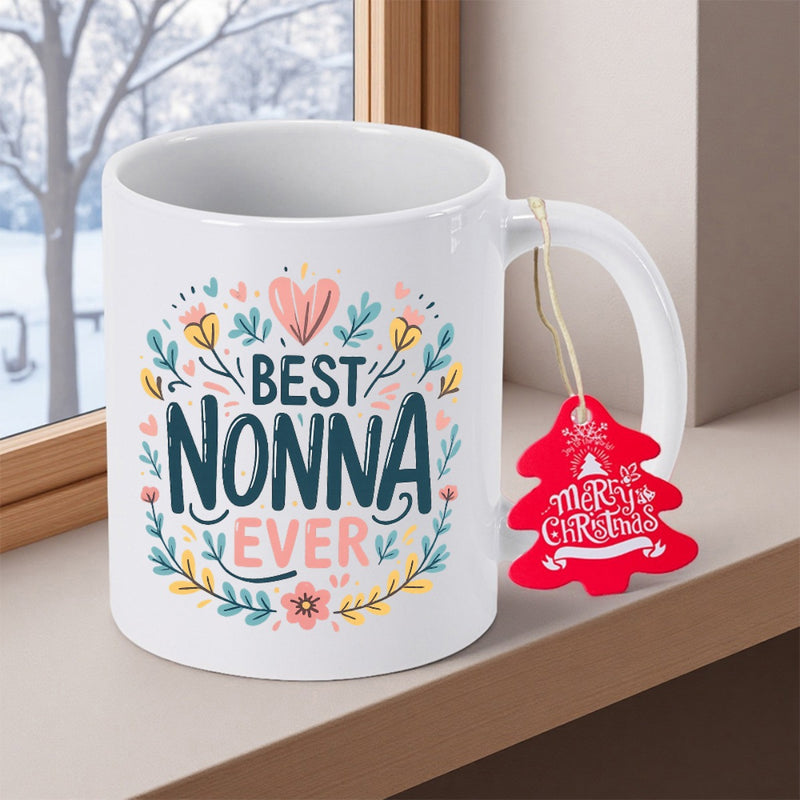 Tailorly White Ceramic 11 oz Mug - Best Nonna Ever Artistic Pastel Blossoms With Elegant Heart And Botanical Leaves Heart