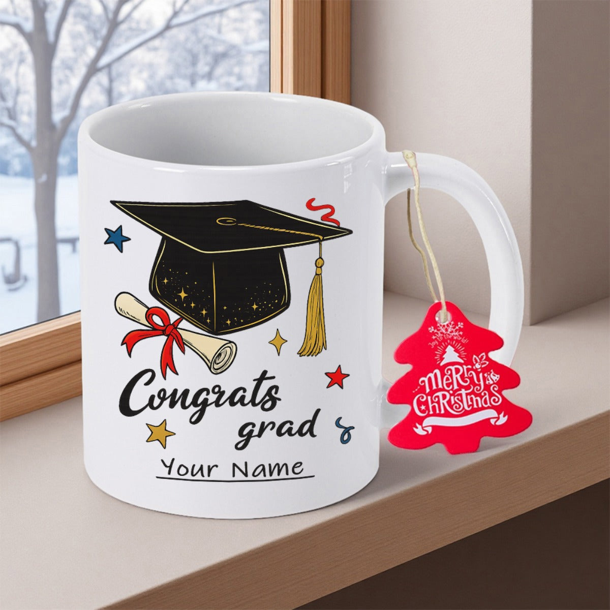 Tailorly White Ceramic 11 oz Mug - Congrats Grad s Your Name Merry Christmas Black Graduation Mortarboard With Golden Tassel And Tied Diploma Cap