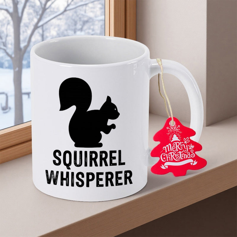 Tailorly White Ceramic 11 oz Mug - Squirrel Whisperer Minimalist Black Silhouette Of A Playful Woodland Animal Sitting Upright Squirrel