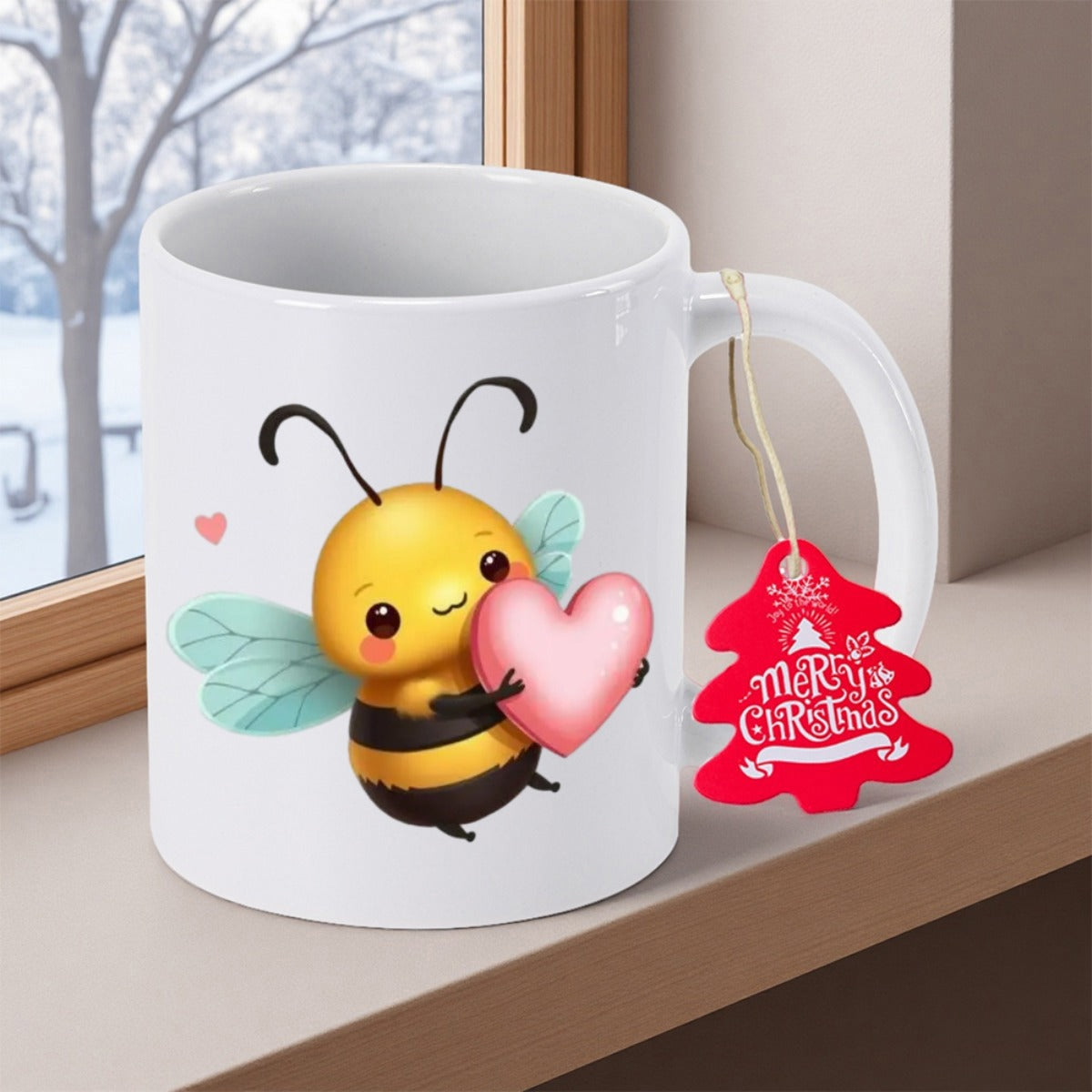 Tailorly White Ceramic 11 oz Mug - Merry Christmas Adorable Bumblebee Holding A Pink Heart Among Soft Pastel Wings Bee