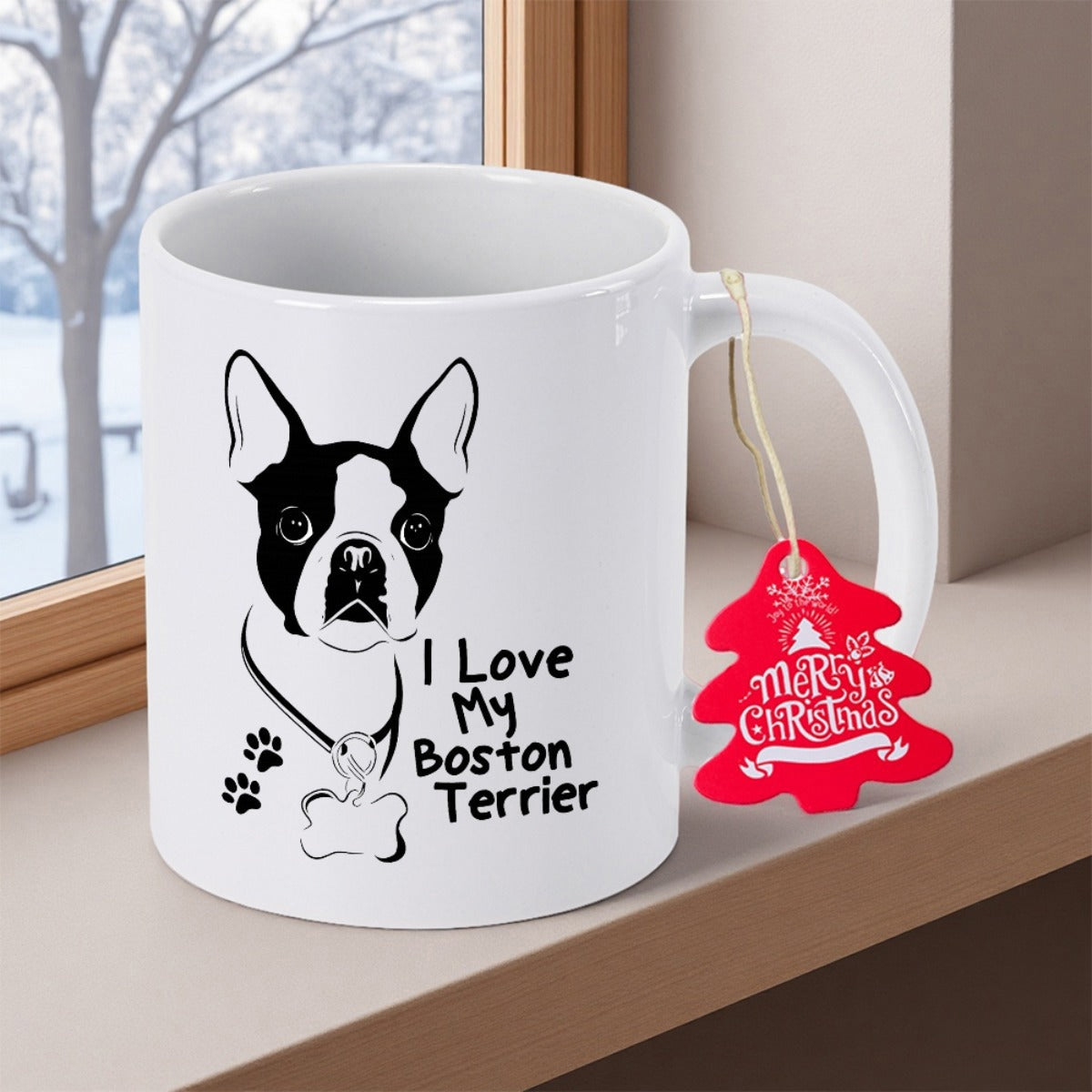 Tailorly White Ceramic 11 oz Mug - I Love My Boston Terrier Minimalist Line Art Sketch Of A Cute Spotted Domesticated Pedigree Boston Terrier
