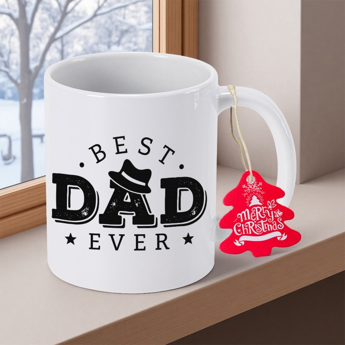 Tailorly White Ceramic 11 oz Mug - Best Dad Ever Sleek Featuring Small Stars And Classic Fedora Hat Mug