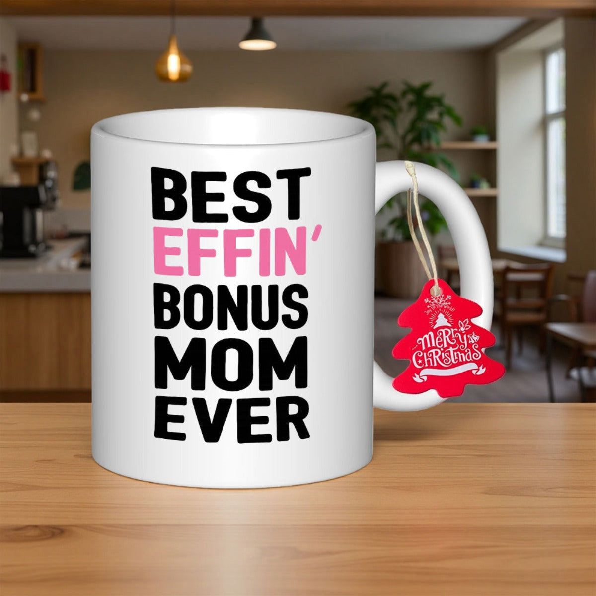 Tailorly White Ceramic 11 oz Mug - Best Effin Bonus Mom Ever Minimalist White Ceramic Coffee Cup With Bold Vertical Typography Design Mug