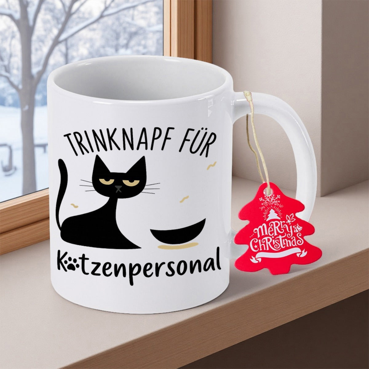 Tailorly White Ceramic 11 oz Mug - Merry Christmas Minimalist Silhouette Of A Grumpy Black Sitting Beside A Food Bowl Cat