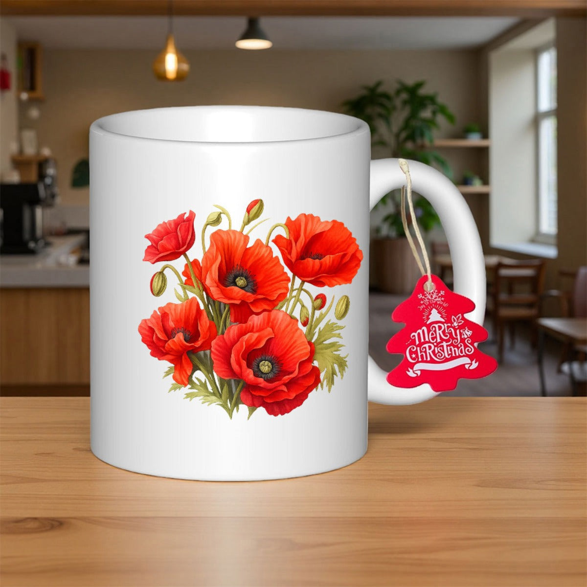 Tailorly White Ceramic 11 oz Mug - Merry Christmas Vibrant Red Petals Blooming With Green Leaves And Delicate Buds Poppy