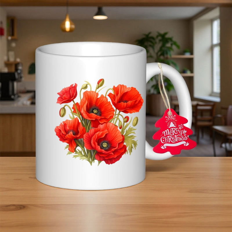 Tailorly White Ceramic 11 oz Mug - Merry Christmas Vibrant Red Petals Blooming With Green Leaves And Delicate Buds Poppy