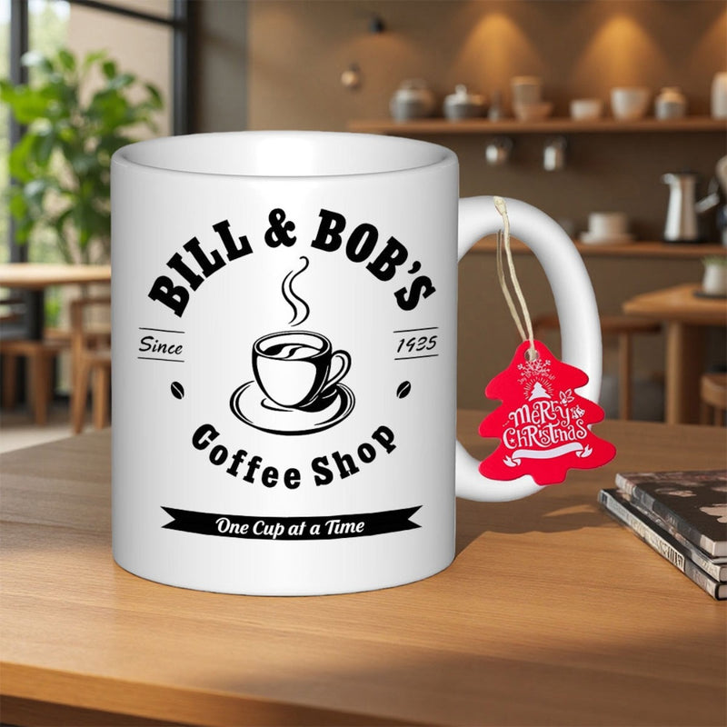 Tailorly White Ceramic 11 oz Mug - Bill Bobs Coffee Shop Since 1935 One Cup At A Time Hand Drawn Vintage Style Steaming Hot Beverage With Beans And Banner Coffee
