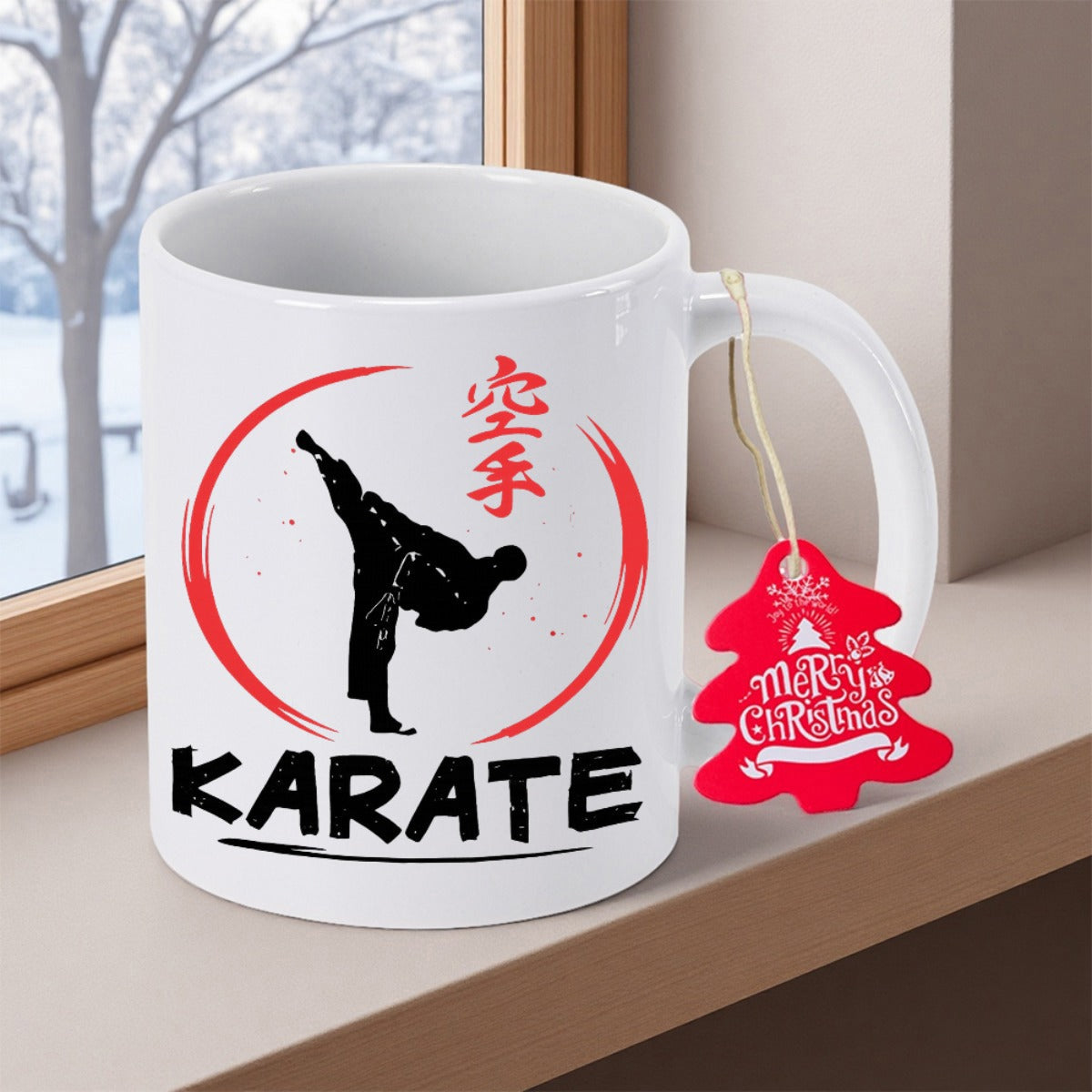 Tailorly White Ceramic 11 oz Mug - Karate Powerful Martial Artist Performing High Kick Inside Artistic Red Circle Karate