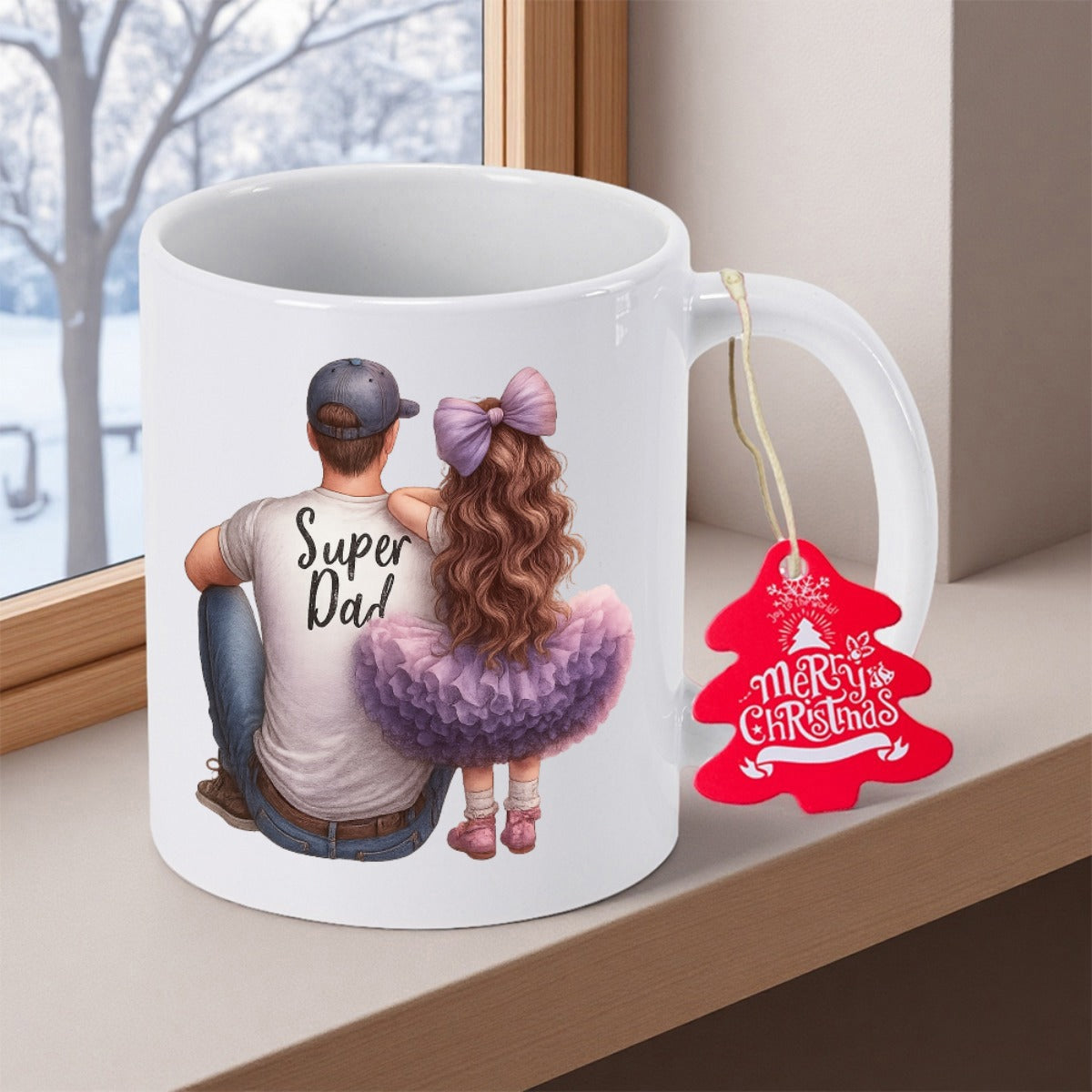 Tailorly White Ceramic 11 oz Mug - Super Dad Merry Christmas Loving Father And Daughter Sitting Together Wearing Purple Tutu And Bow Portrait