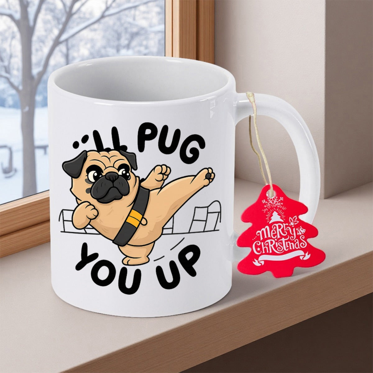 Tailorly White Ceramic 11 oz Mug - Ill Pug You Up Cute Cartoon Canine Performing Martial Arts Kick Wearing Black Belt Pug