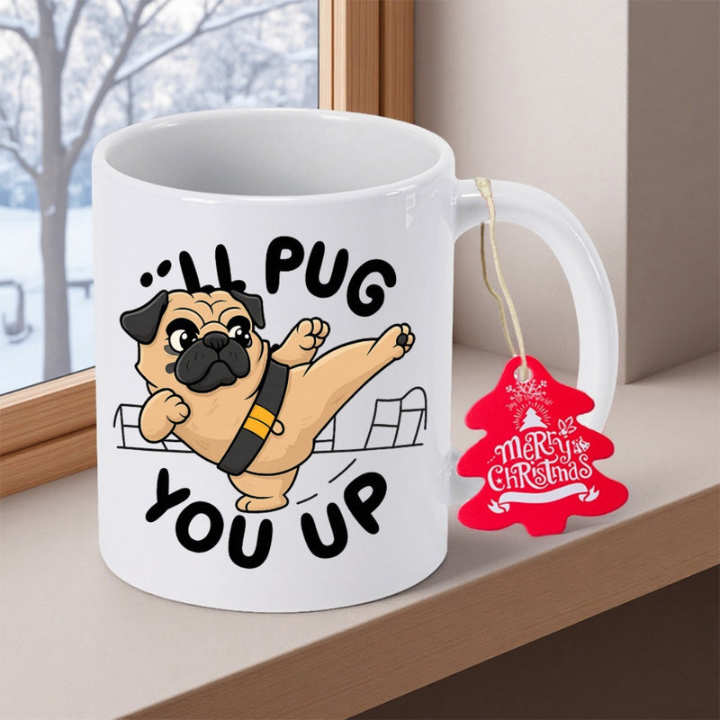 Tailorly White Ceramic 11 oz Mug - Ill Pug You Up Cute Cartoon Canine Performing Martial Arts Kick Wearing Black Belt Pug