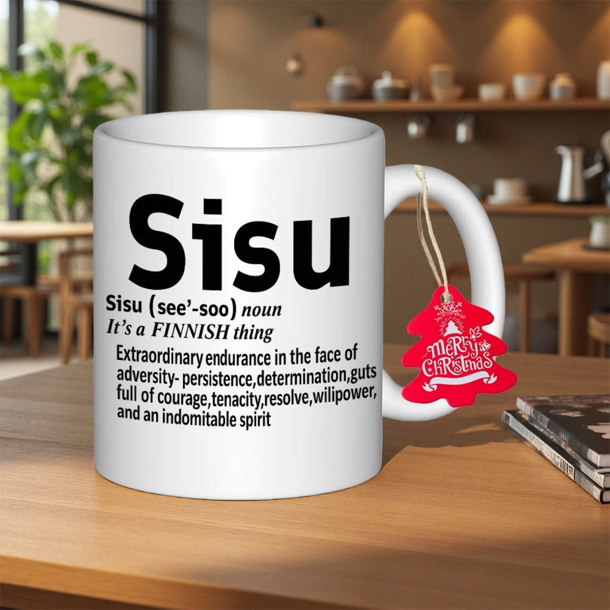Tailorly White Ceramic 11 oz Mug - Sisu It Is A Finnish Thing Merry Christmas Elegant With Bold Black Dictionary Style Typography Mug