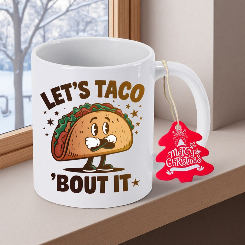 Tailorly White Ceramic 11 oz Mug - Lets Taco Bout It Funny Smiling Cartoon Character Standing Among Small Sparkling Stars Taco