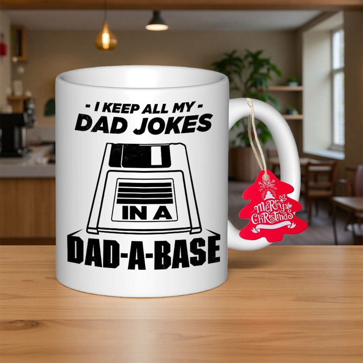 Tailorly White Ceramic 11 oz Mug - I Keep All My Dad Jokes In A Dad-A-Base Retro Technology Floppy Disk Icon With Classic Black Line Art Floppy Disk