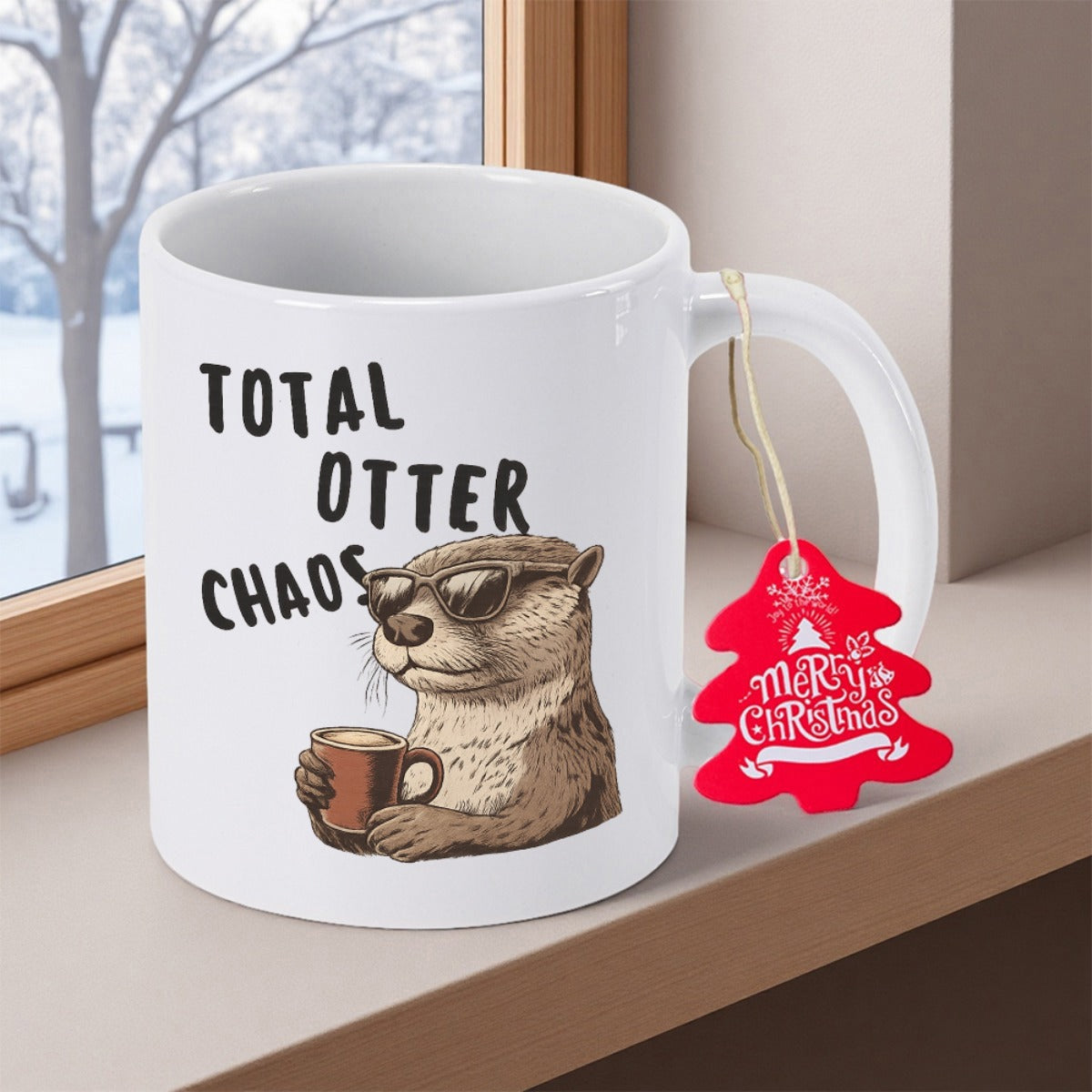 Tailorly White Ceramic 11 oz Mug - Total Otter Chaos Relaxed Cartoon Furry Creature Wearing Sunglasses Holding A Warm Coffee Cup Otter