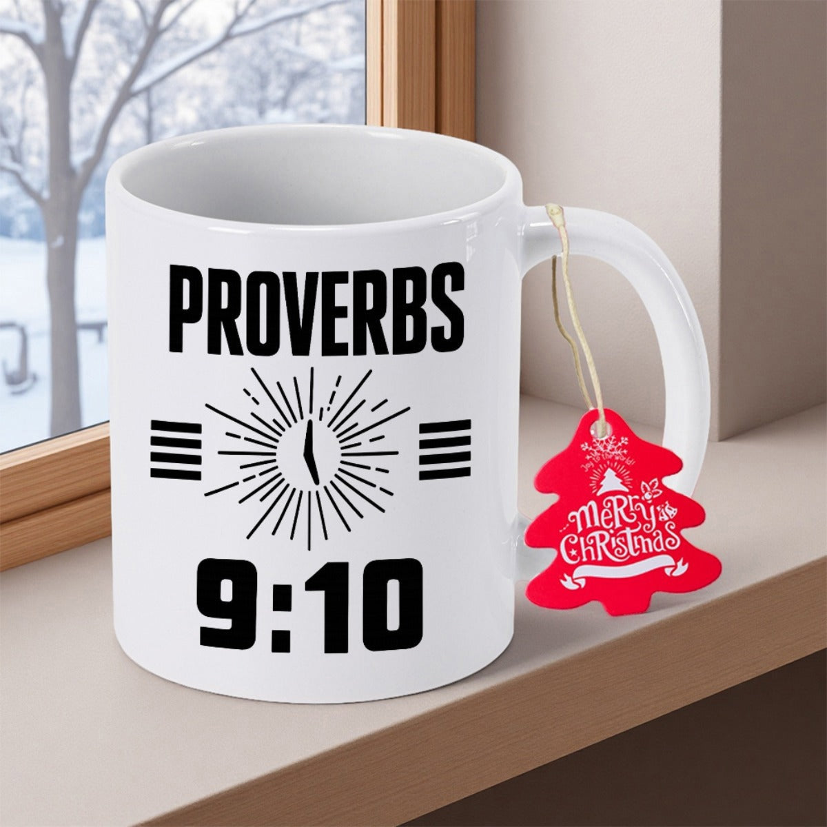 Tailorly White Ceramic 11 oz Mug - Proverbs 9:10 Minimalist Black Text With Sunburst Symbol Printed On