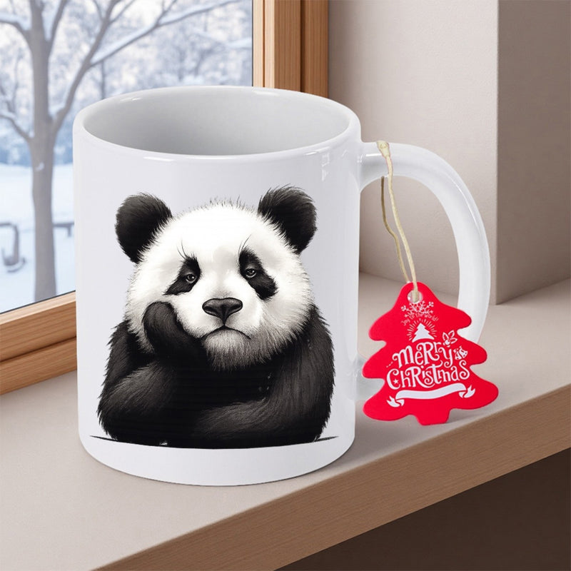 Tailorly White Ceramic 11 oz Mug - Merry Christmas Gentle Black And White Furry Animal Resting Its Head Panda