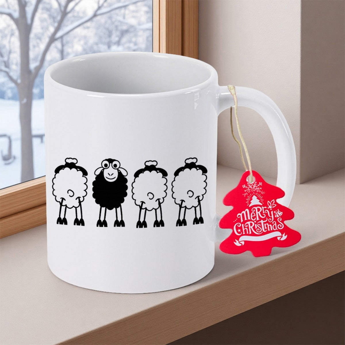 Tailorly White Ceramic 11 oz Mug - Merry Christmas Hand Drawn Cartoon Characters Standing In A Row Minimalist Sheep