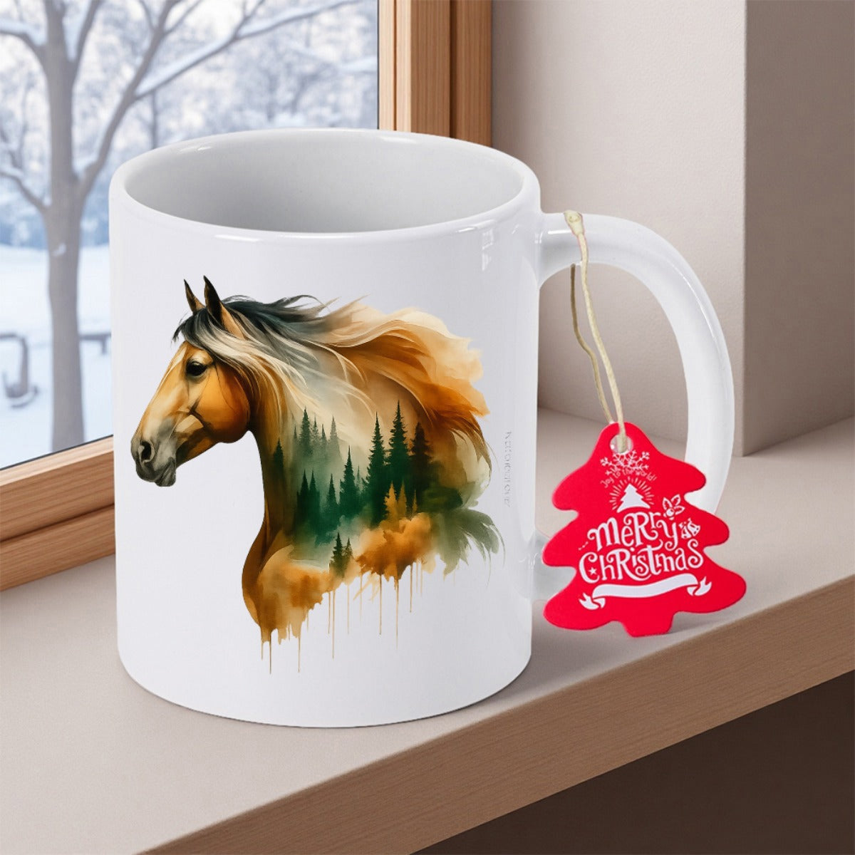 Tailorly White Ceramic 11 oz Mug - Merry Christmas Majestic Profile With Pine Forest Double Exposure Watercolor Artistic Spirit Horse