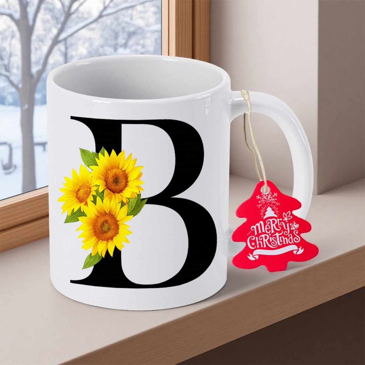 Tailorly White Ceramic 11 oz Mug - B Merry Christmas Beautiful Vibrant Yellow Petals Blooming Among Lush Green Leaves Sunflower
