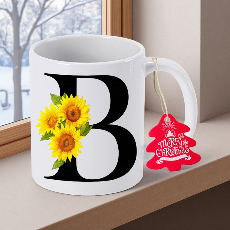 Tailorly White Ceramic 11 oz Mug - B Merry Christmas Beautiful Vibrant Yellow Petals Blooming Among Lush Green Leaves Sunflower