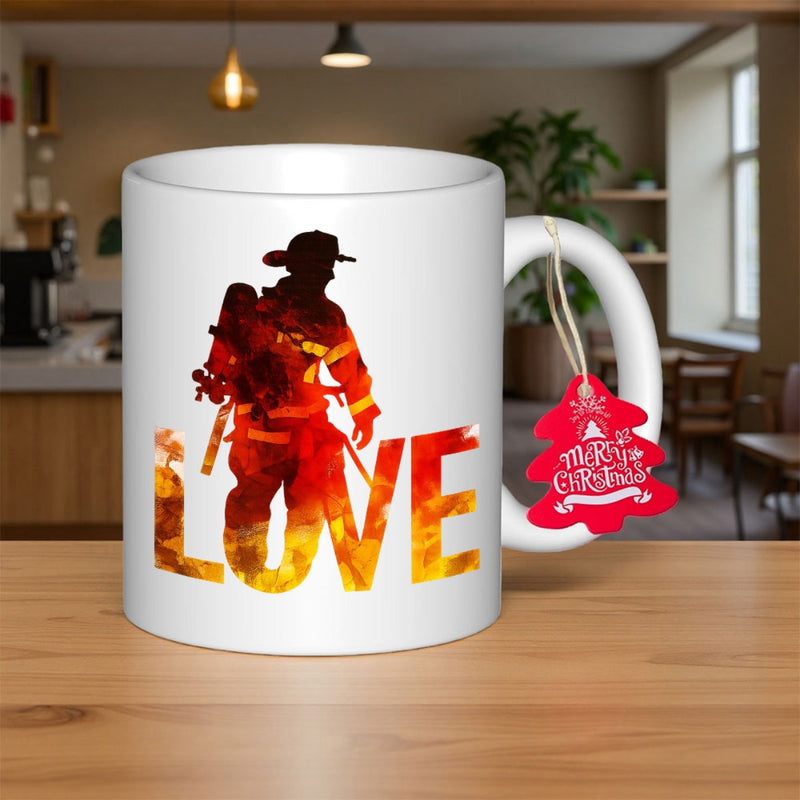 Tailorly White Ceramic 11 oz Mug - Love Silhouette Standing Proudly With Intense Flaming Fire Texture Within The Strong Firefighter
