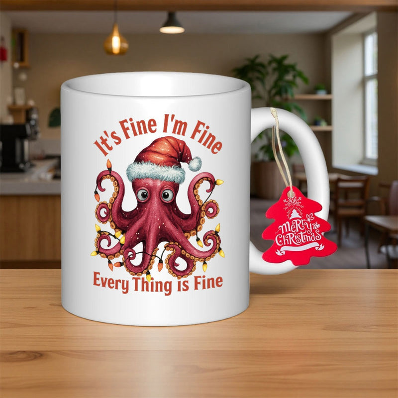 Tailorly White Ceramic 11 oz Mug - Its Fine Im Fine Every Thing Is Fine Festive Red Octopus Wearing Santa Hat Wrapped In Twinkling Christmas Lights Octopus