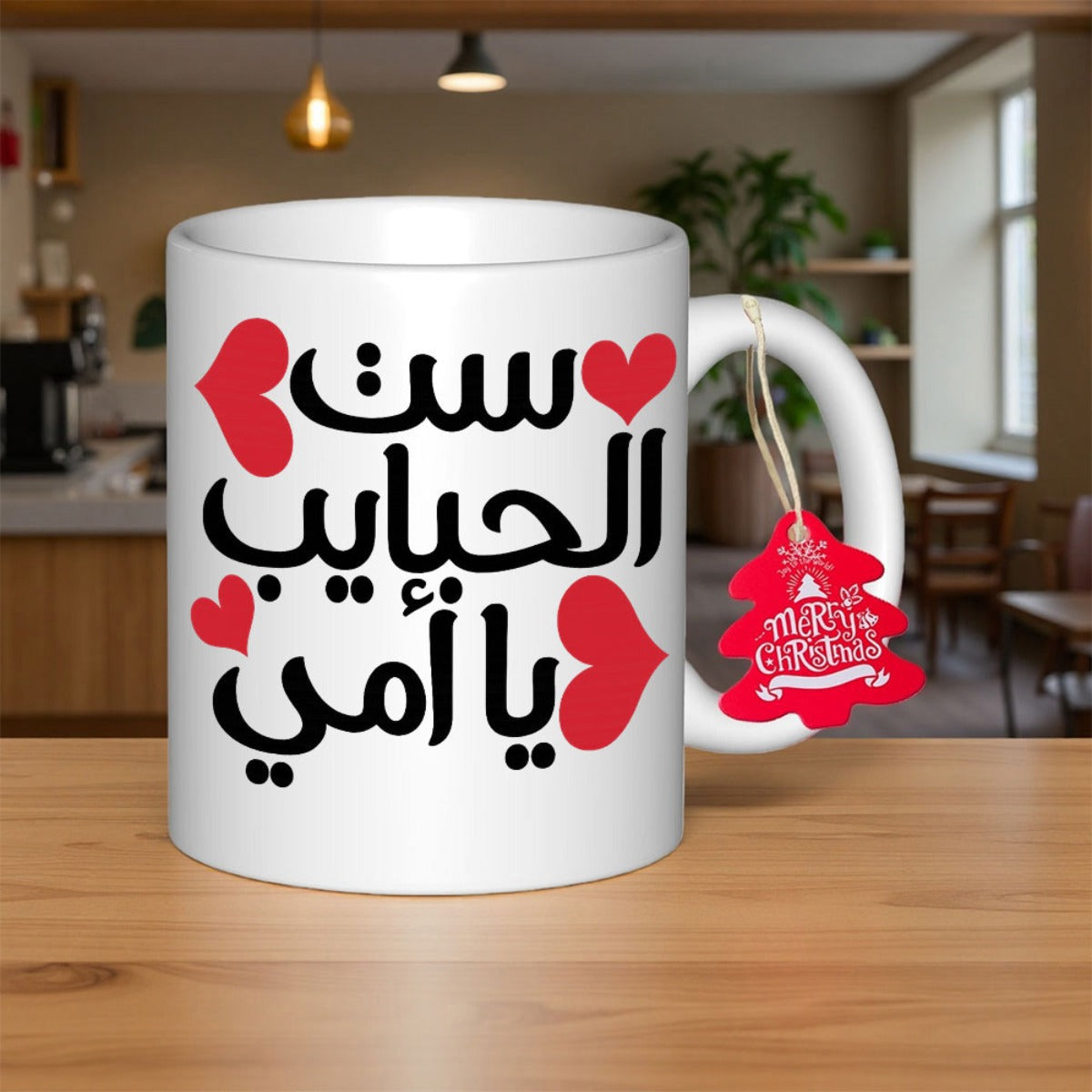 Tailorly White Ceramic 11 oz Mug - Merry Christmas Elegant Red Hearts Floating Around Artistic Calligraphy On A Polished