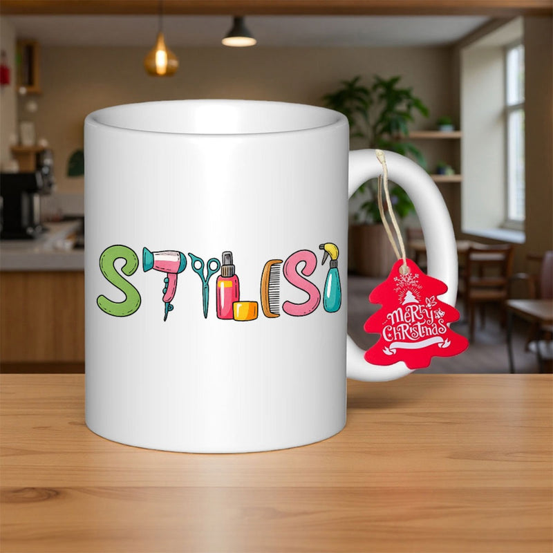 Tailorly White Ceramic 11 oz Mug - Stylist Colorful Artistic Hair Tools Arranged Creatively For Professional Salon Mug